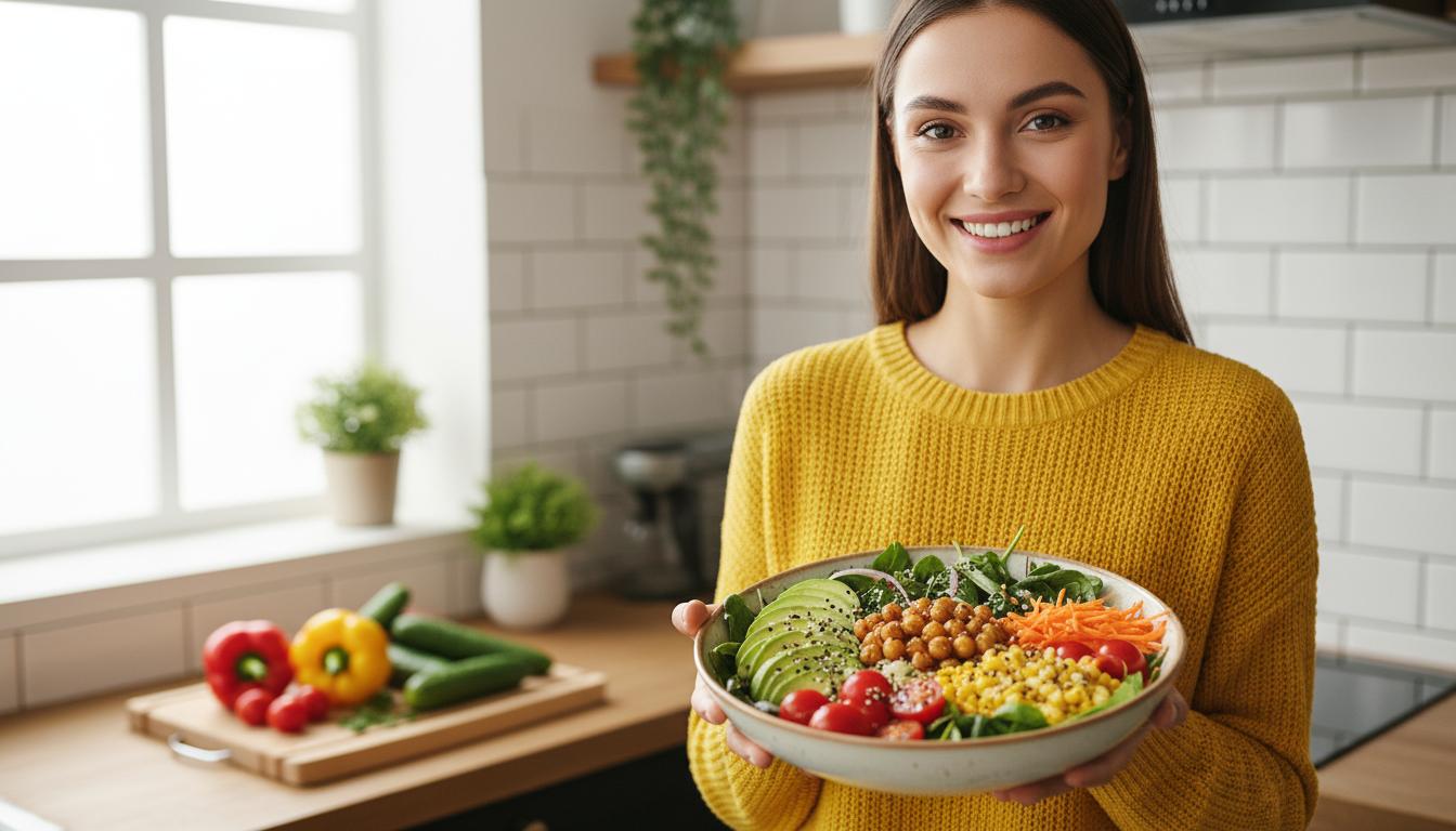 Woman holding healthy meal bowl